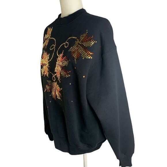 Vintage Sequin Pullover Crewneck Sweatshirt L Black Fleece Autumn Leaves Fall - Picture 3 of 6
